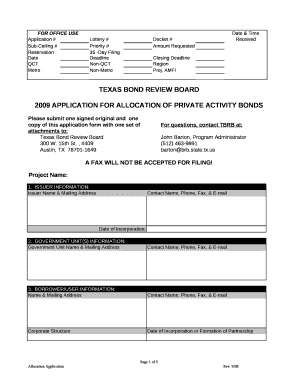2009 APPLICATION FOR ALLOCATION OF PRIVATE ACTIVITY BONDS