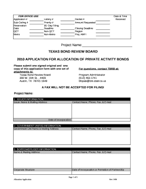 2010 APPLICATION FOR ALLOCATION OF PRIVATE ACTIVITY BONDS