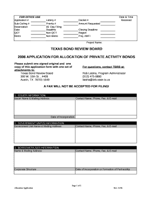2006 APPLICATION FOR ALLOCATION OF PRIVATE ACTIVITY BONDS