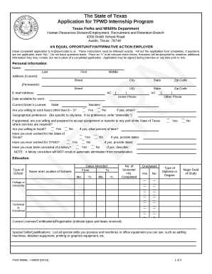 Application for TPWD Internship Program