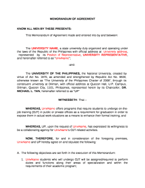 The UNIVERSITY NAME, a state university duly organized and operating under the laws of the Republic of the Philippines with official address atUniversity address,representedbyits Positon of Representative, UNIVERSITY REPRESENTATIVE, and