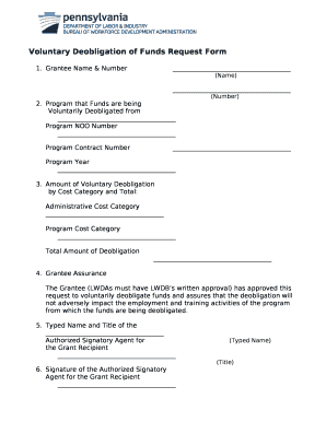 Voluntary Deobligation of Funds Request Form