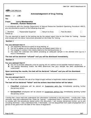 Acknowledgement of Drug Testing