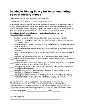 Seminole Dining Policy for Accommodating Special Dietary Needs