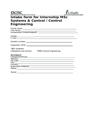 Intake form for Internship MSc Systems & Control / Control Engineering