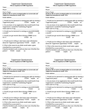 Tupperware Questionnaire Doc Template | pdfFiller