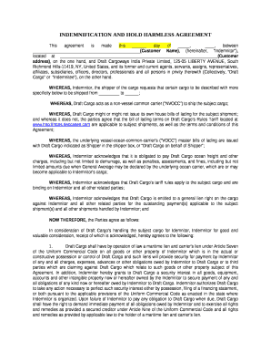 This agreement is made this day of ,, between (Customer Name), (hereinafter, Indemnitor), located at (Customer address), on the one hand, and Draft Cargoways India Private Limited, 125-05 LIBERTY AVENUE, South Richmond Hills-11419, NY,