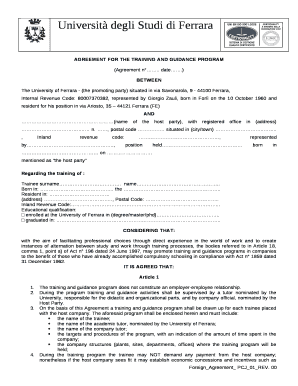 AGREEMENT FOR THE TRAINING AND GUIDANCE PROGRAM