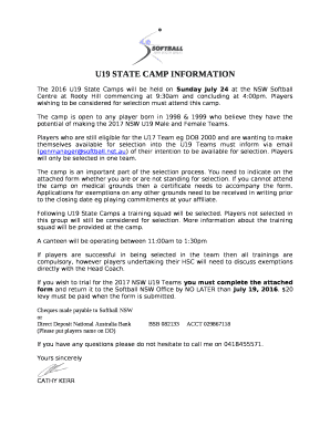 U19 STATE CAMP INFORMATION