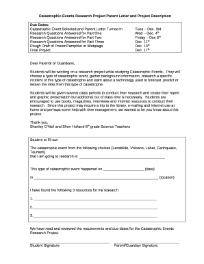 Catastrophic Events Research Project Parent Letter and Project Description