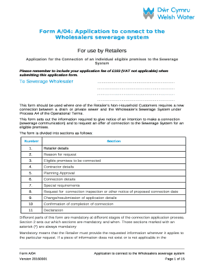 Form A/04: Application to connect to the Wholesalers sewerage system