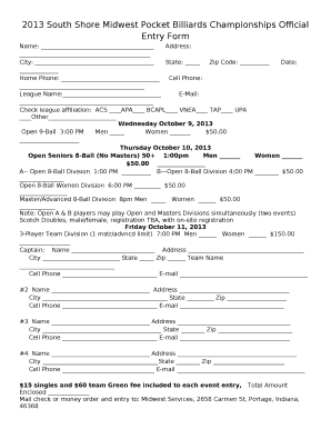 2013 South Shore Midwest Pocket Billiards Championships Official Entry Form