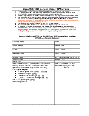 CleanMate QQ1 Vacuum Cleaner RMA Form