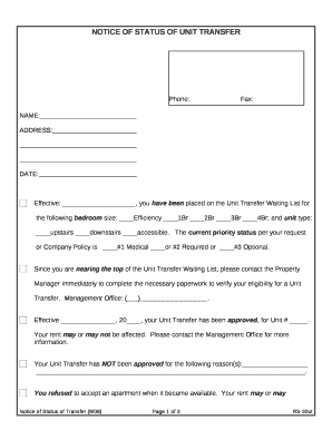 NOTICE OF STATUS OF UNIT TRANSFER