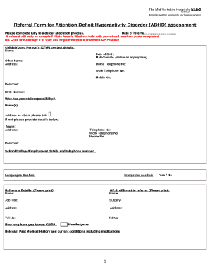 Referral Form for Attention Deficit Hyperactivity Disorder (ADHD) assessment