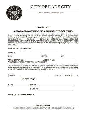 I (we) hereby authorize the City of Dade City, hereinafter called CITY, to initiate debit entries and to initiate, if necessary, credit entries and adjustments for any debit entries in error to my (our) Checking Savings account (select