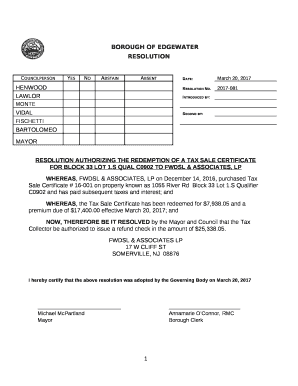 RESOLUTION AUTHORIZING THE REDEMPTION OF A TAX SALE CERTIFICATE FOR BLOCK 33 LOT 1