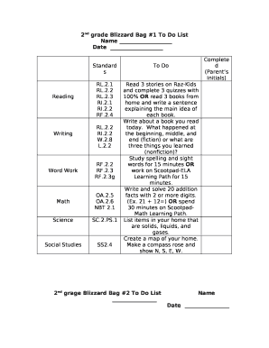 2nd grade Blizzard Bag #1 To Do List