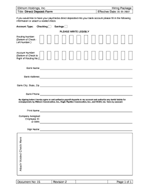 If you would like to have your paychecks direct deposited into your bank account please fill in the following information or attach a voided check