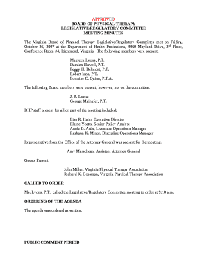 The Virginia Board of Physical Therapy Legislative/Regulatory Committee met on Friday, October 26, 2007 at the Department of Health Professions, 9960 Mayland Drive, 2nd Floor, Conference Room #4, Richmond, Virginia