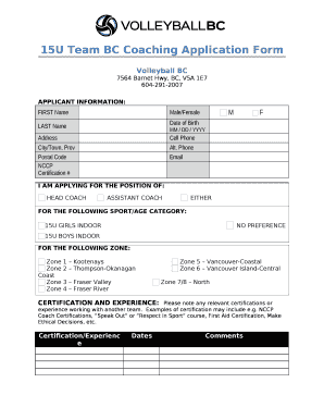 15U Team BC Coaching Application Form