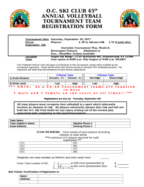 SKI CLUB 45th ANNUAL VOLLEYBALL TOURNAMENT TEAM REGISTRATION FORM