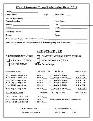 SD #43 Summer Camp Registration Form 2014