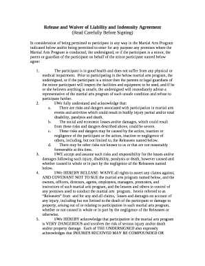 In consideration of being permitted to participate in any way in the Martial Arts Program indicated below and/or being permitted to enter for any purpose any premises where the Martial Arts Program is conducted, the undersigned, or if the