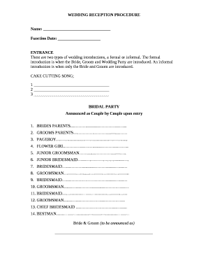 Wedding Reception Procedure Doc Template Pdffiller