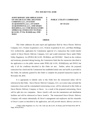 JOINT REPORT AND APPLICATION OF ONCOR ELECTRIC DELIVERY COMPANY LLC, OVATION ACQUISITION I, LLC, OVATION ACQUISITION II, LLC, AND SHARY HOLDINGS, LLC FOR REGULATORY APPROVALS PURSUANT TO PURA 14