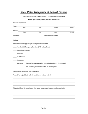 APPLICATION FOR EMPLOYMENT CLASSIFIED POSITION