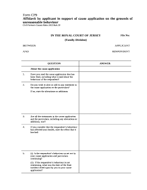 Affidavit by applicant in support of cause application on the grounds of unreasonable behaviour
