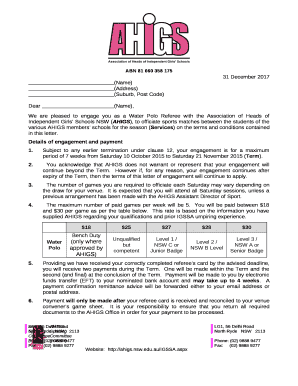 We are pleased to engage you as a Water Polo Referee with the Association of Heads of Independent Girls Schools NSW (AHIGS), to officiate sports matches between the students of the various AHIGS members schools for the season (Services) on