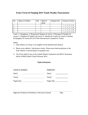 Entry Form of Nanjing 2014 Youth Wushu Tournament