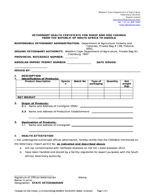 VETERINARY HEALTH CERTIFICATE FOR SHEEP AND HOG CASINGS