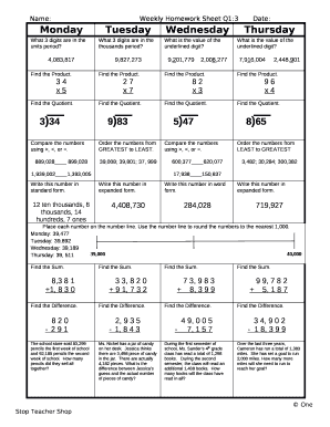 Name:Weekly Homework Sheet Q1:3Date: