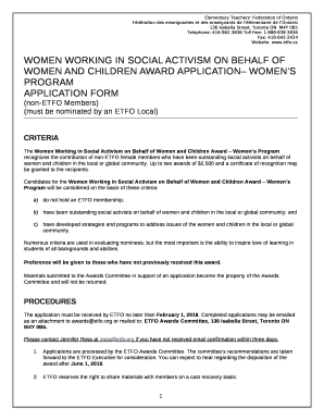 WOMEN WORKING IN SOCIAL ACTIVISM ON BEHALF OF WOMEN AND CHILDREN AWARD APPLICATION WOMENS PROGRAM