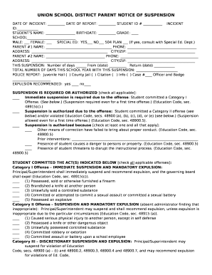 UNION SCHOOL DISTRICT PARENT NOTICE OF SUSPENSION