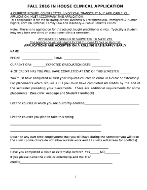 FALL 2016 IN HOUSE CLINICAL APPLICATION