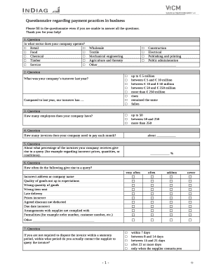 Questionnaire regarding payment practices in business