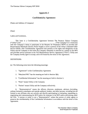 This letter is a Confidentiality Agreement between The Potomac Edison Company (Utility) and (the Company) in connection with the Companys intent to participate in the Request for Proposals (RFP) to provide Full Requirements Wholesale