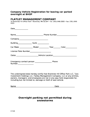 Company Vehicle Registration for leaving car parked overnight at BHOP