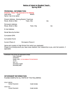 Notice of Intent to Student Teach: