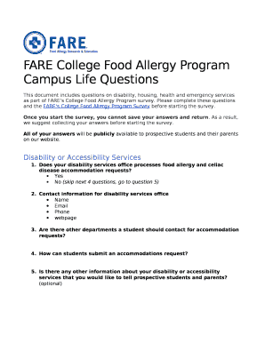 FARE College Food Allergy Program Campus Life Questions template