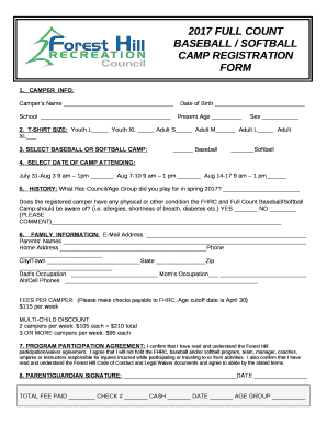 2017 FULL COUNT BASEBALL / SOFTBALL CAMP REGISTRATION FORM
