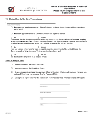 TO:Electoral Board of the City of Fredericksburg