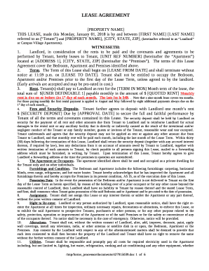 THIS LEASE, made this Monday, January 01, 2018 is by and between FIRST NAME LAST NAME referred to as (Tenant) and PROPERTY NAME, CITY, STATE, ZIP, (hereinafter referred to as Landlord or Campus Village Apartments)