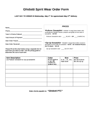 Ghidotti Spirit Wear Order Form