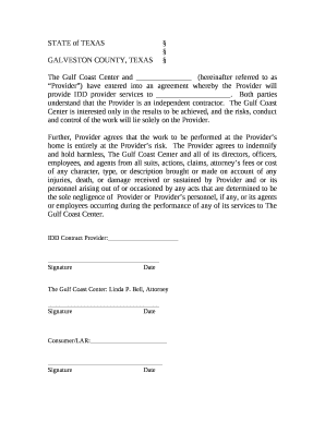 The Gulf Coast Center and (hereinafter referred to as Provider) have entered into an agreement whereby the Provider will provide IDD provider services to