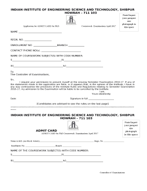 Application for ADMIT CARD for PhD CourseworkExaminations April 2017